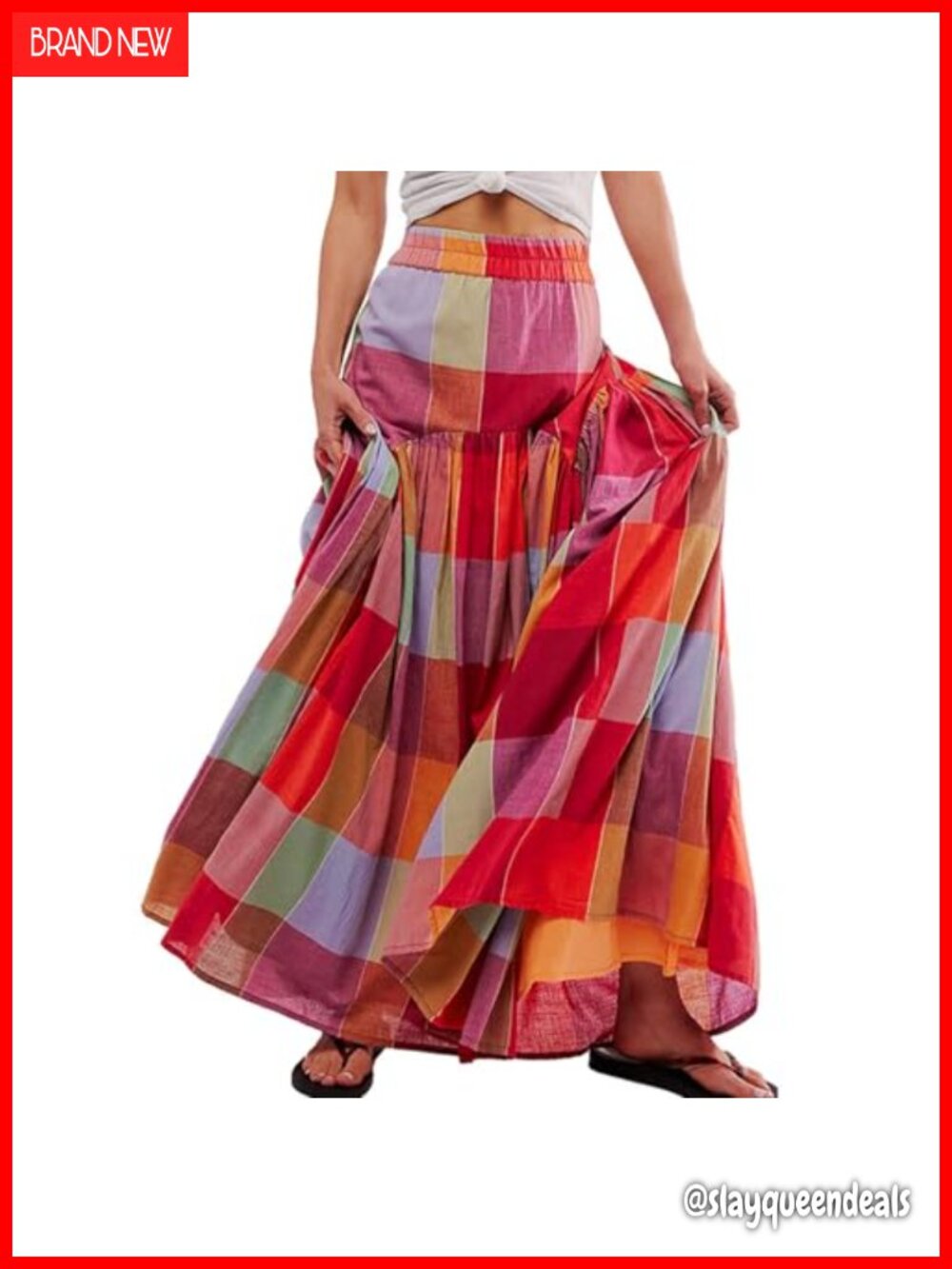 High Waisted Gingham Maxi Skirt Tiered Ruffle Flowy A-Line Summer Boho